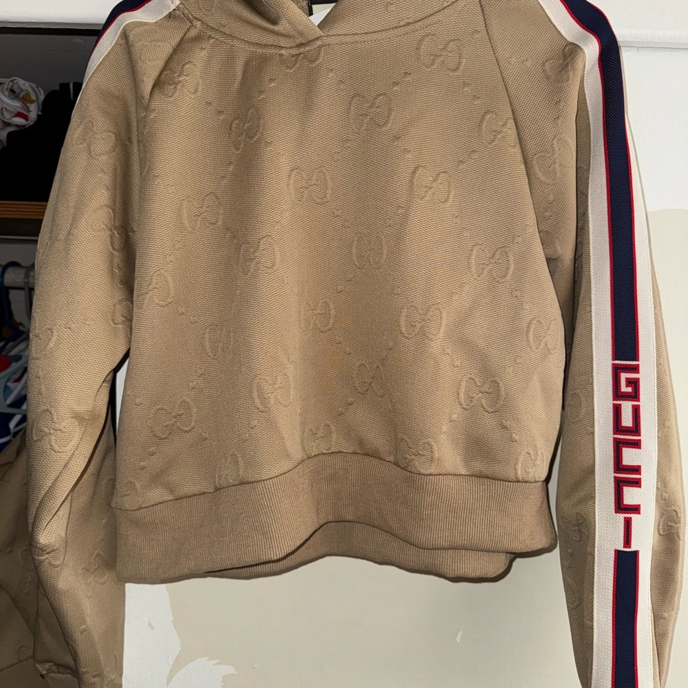 Tan Hoodie with Red and Blue Stripes